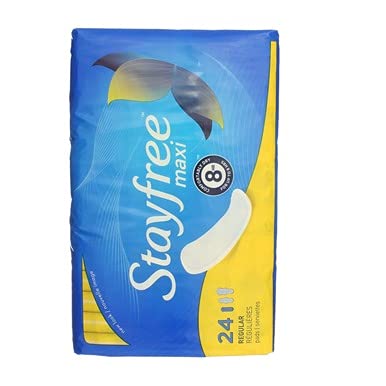 Stayfree Reg Maxi Pad 24ct day use image suggests confident daytime protection.