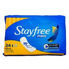 Stayfree regular maxi pad 24ct packaging front view for all-day protection.
