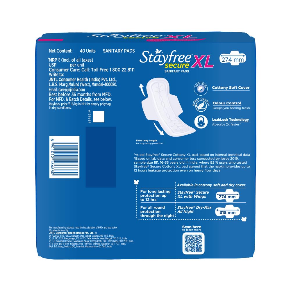 Stayfree Secure Extra Large pads in packaging showing a value pack of 40