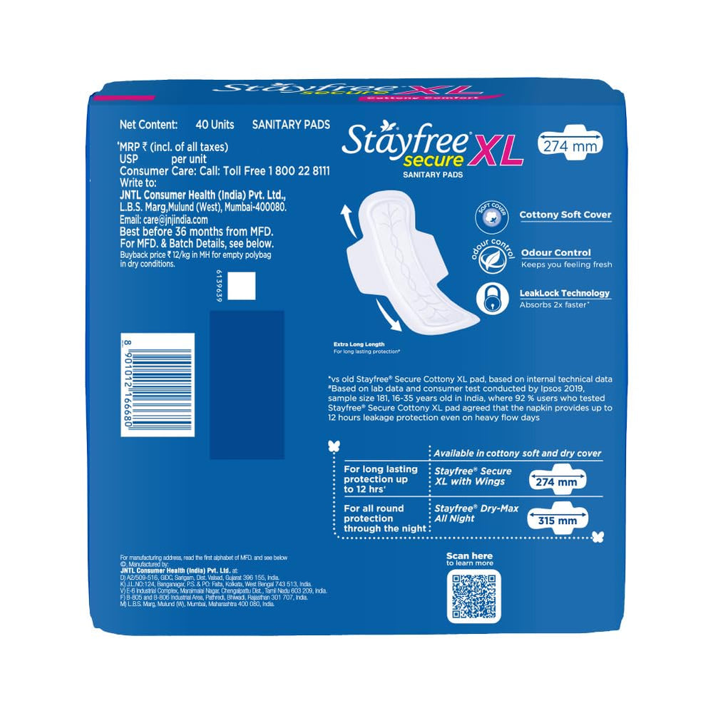 Stayfree Secure Extra Large pads in packaging showing a value pack of 40