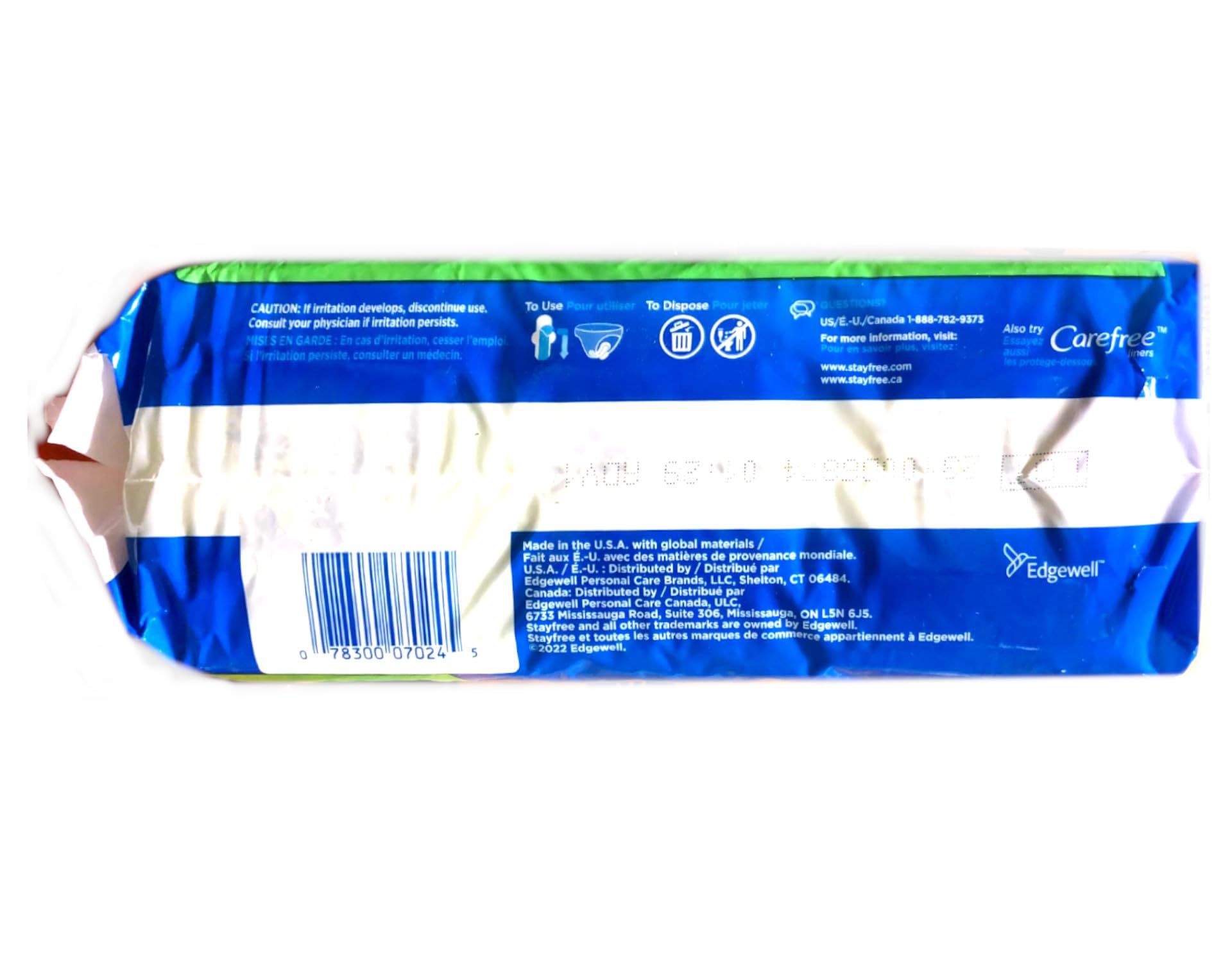 Stayfree Size 2 pads pack back view highlighting secure adhesive for a no-shift fit.