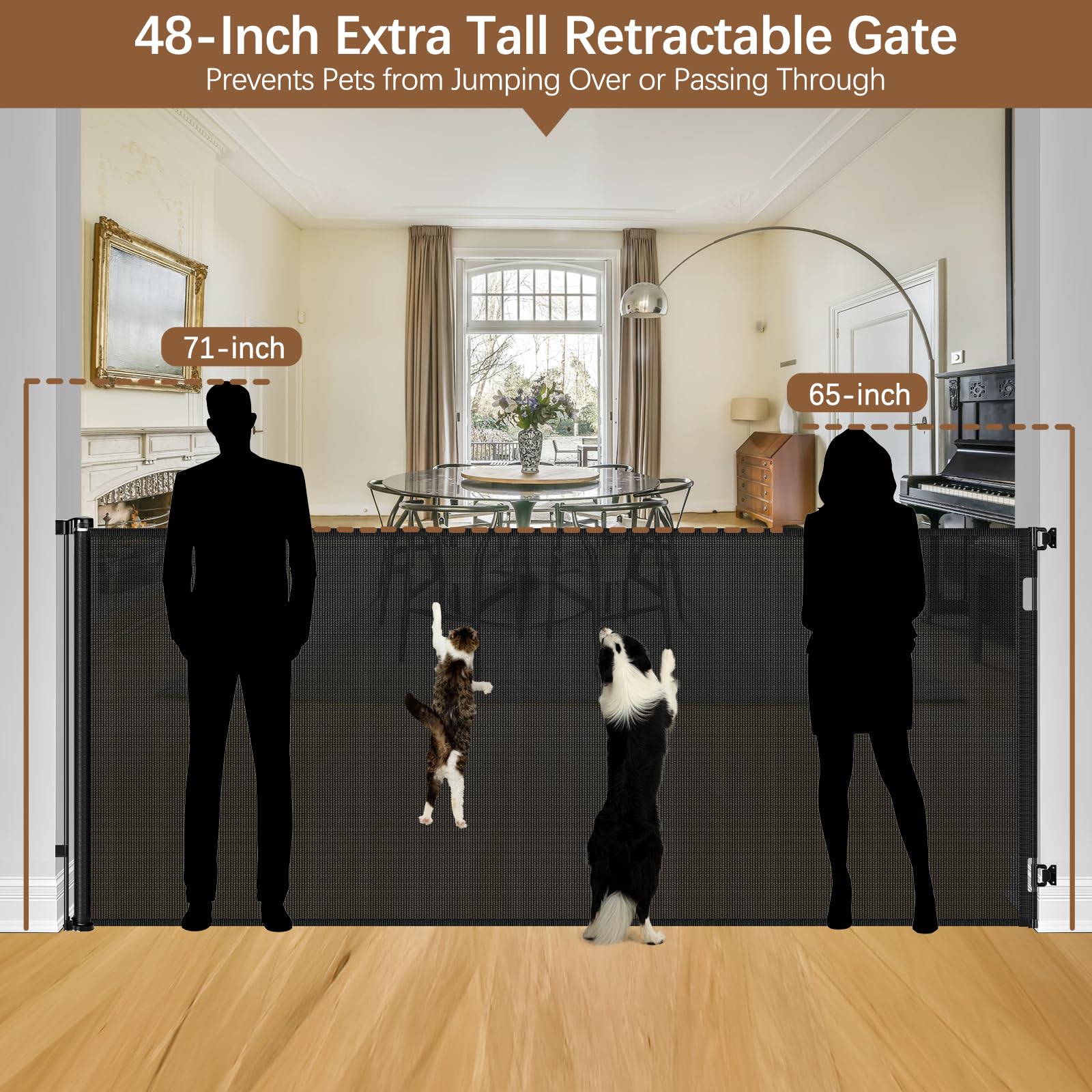 Stcockis 72-inch wide retractable gate fully extended for large openings.