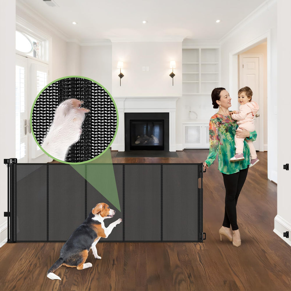 Stcockis 96-inch reinforced gate in use securing a wide doorway for kids and pets.
