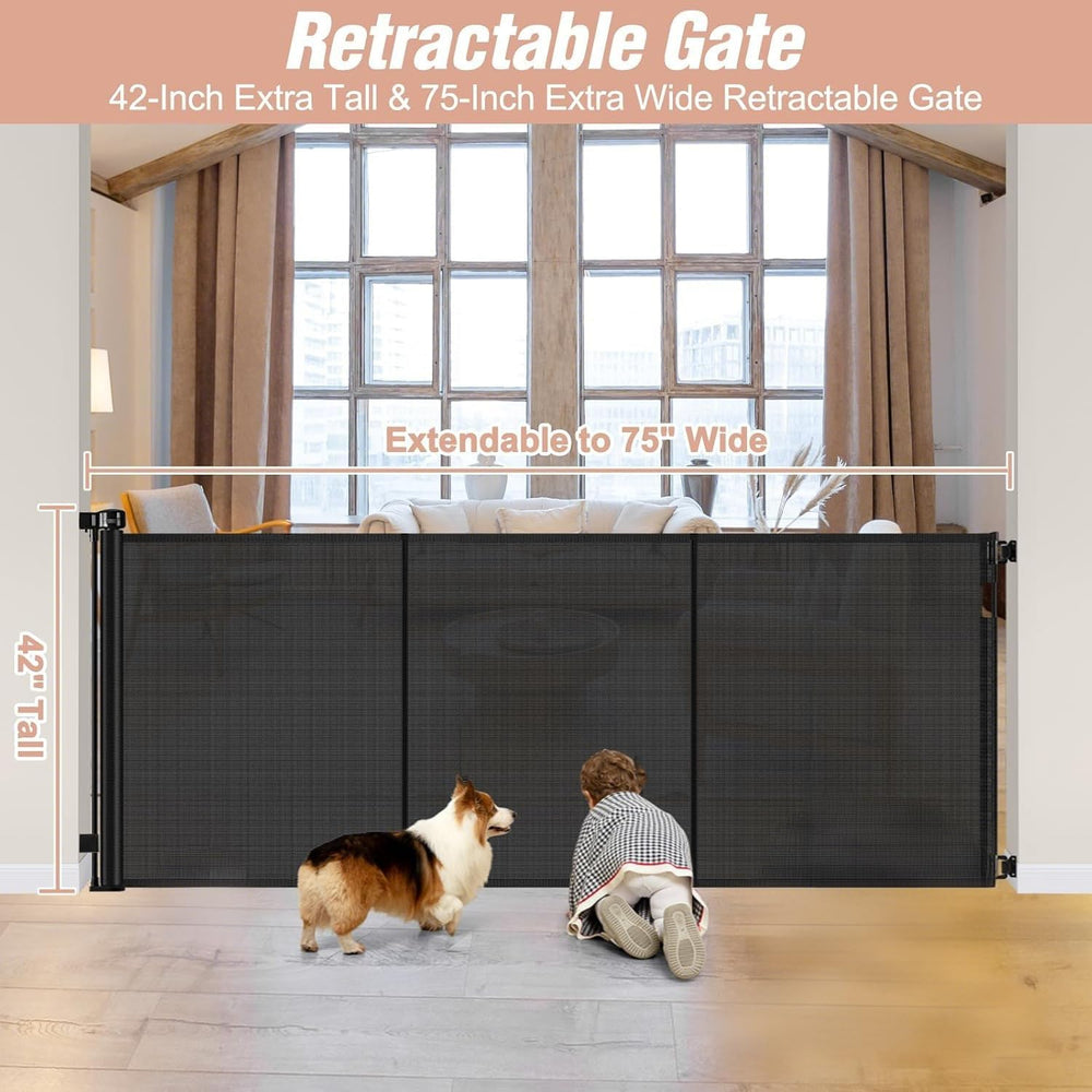 Stcockis gate with smooth retracting action saves space and reduces clutter.