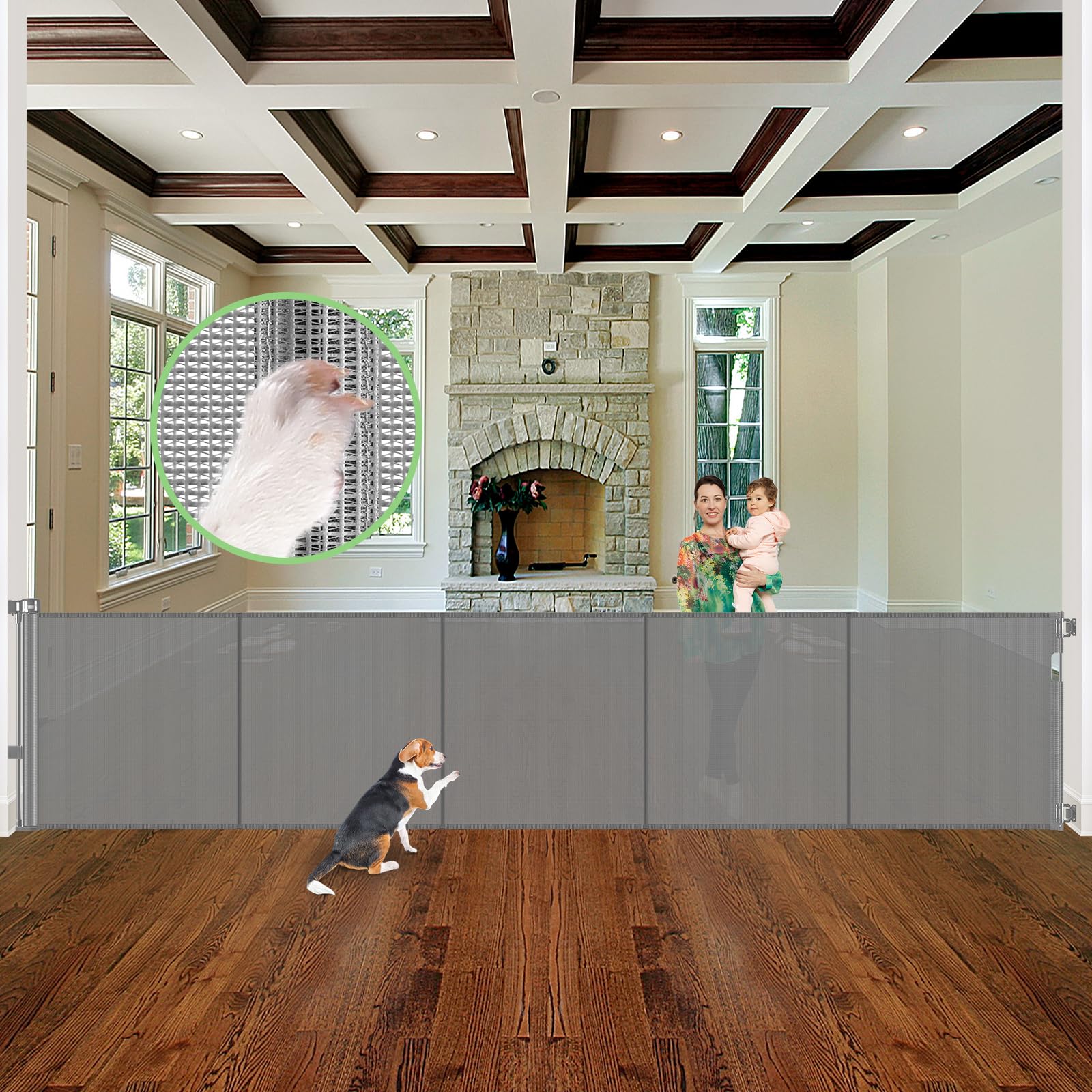 Stcockis reinforced 155-inch gate extended open for wide passage with pets and kids.