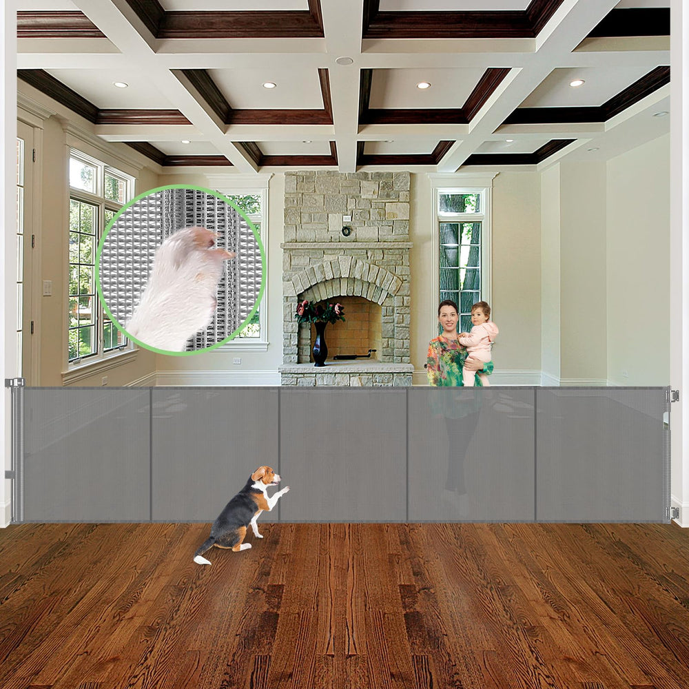 Stcockis reinforced 155-inch gate extended open for wide passage with pets and kids.