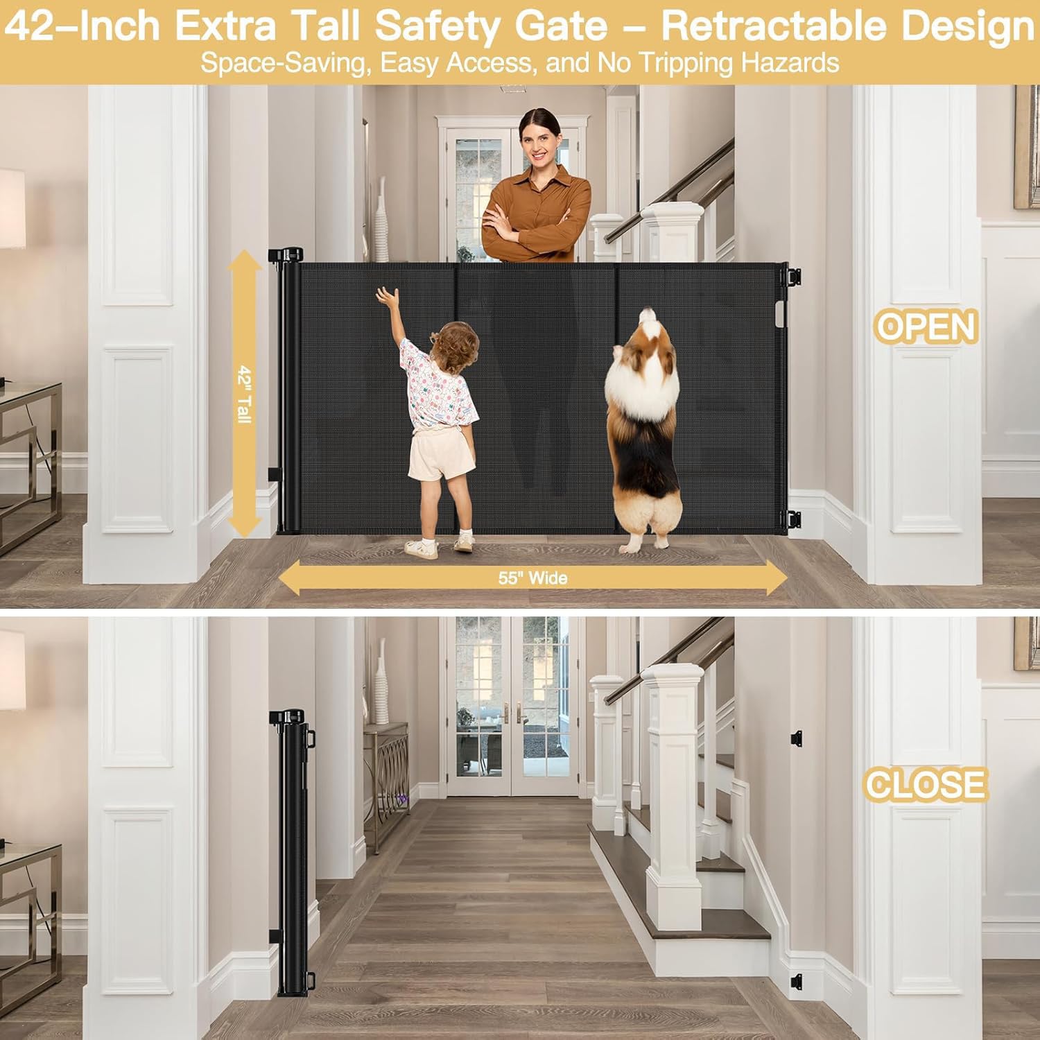 Stcockis outdoor-ready retractable gate on porch shows rustproof mesh