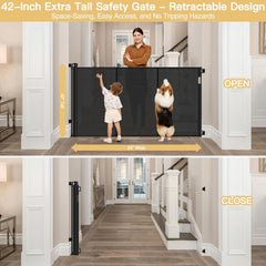 Stcockis outdoor-ready retractable gate on porch shows rustproof mesh