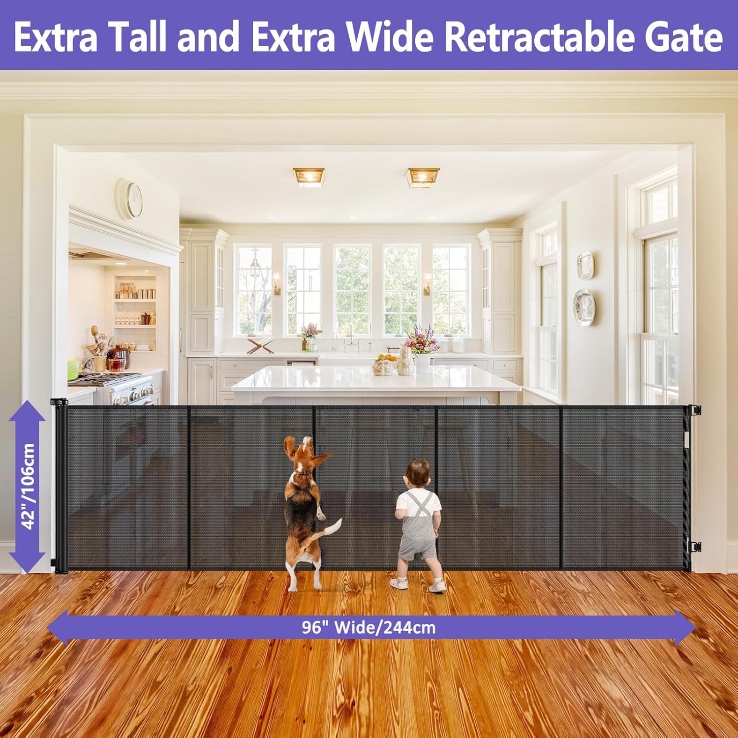 Stcockis retractable gate rolled, saving space without wrinkling mesh or bottom bar.