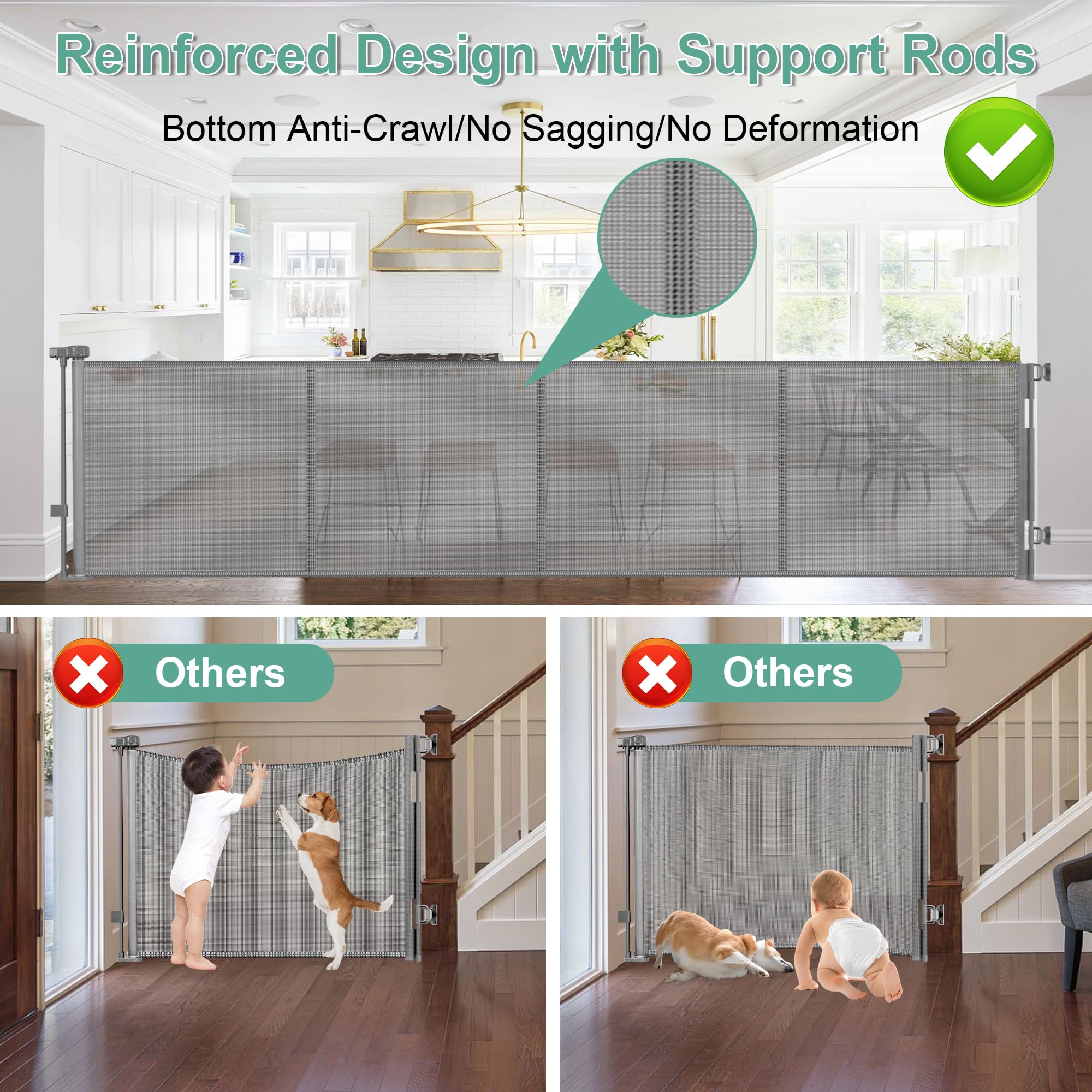 Stcockis retractable gate mesh closeup shows durable, scratch-resistant material for pets.