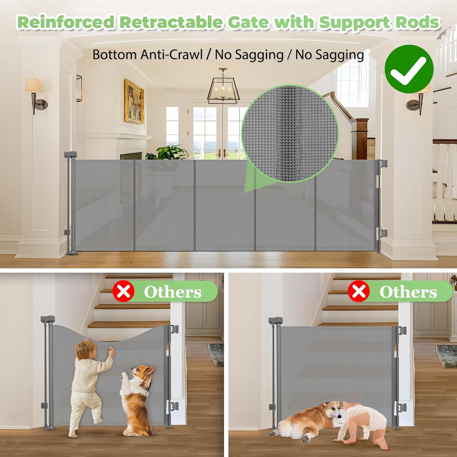 Stcockis retractable mesh gate suitable for indoor and outdoor use.
