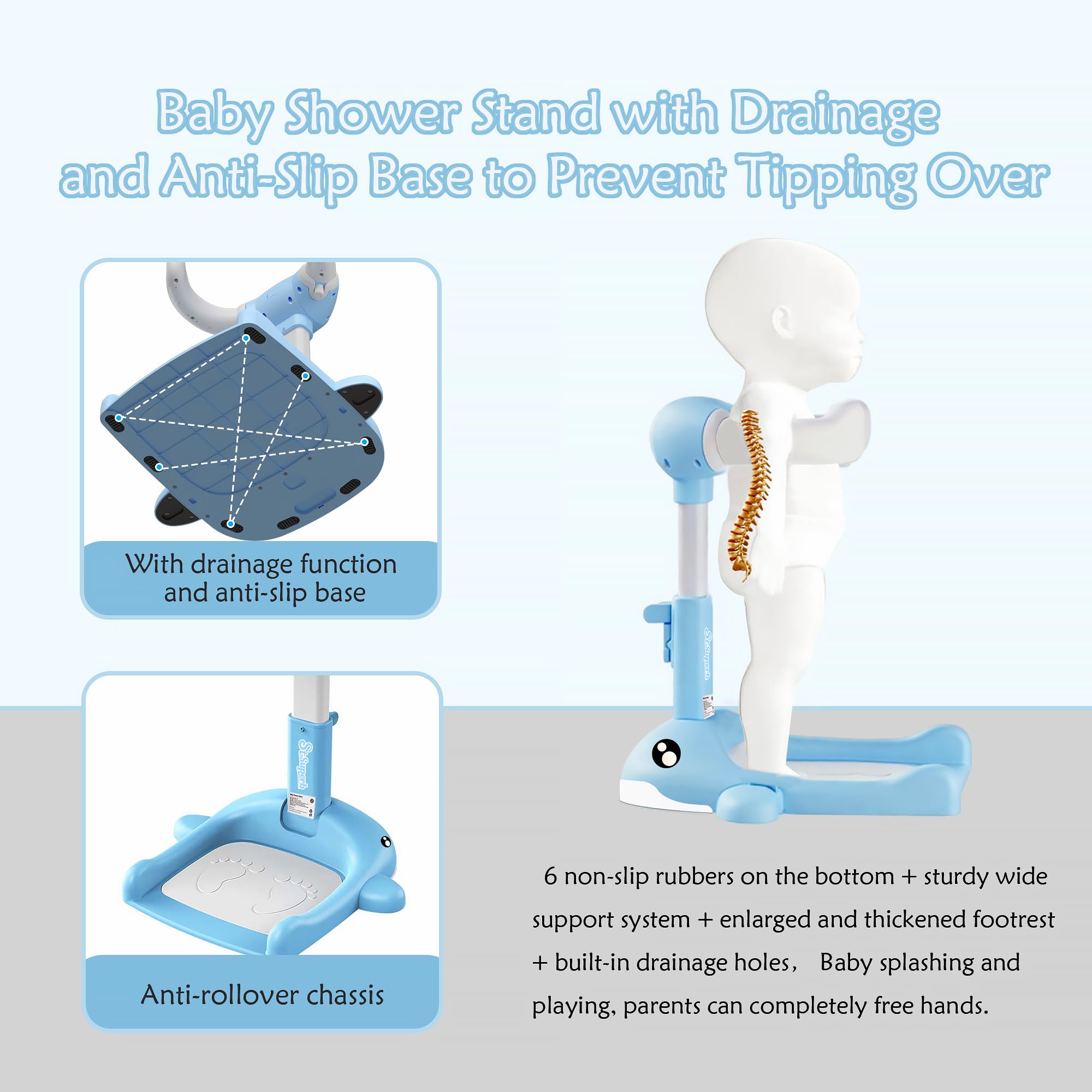 SteelSuperb baby bath stand anti-slip base keeps the bath secure on smooth floors.