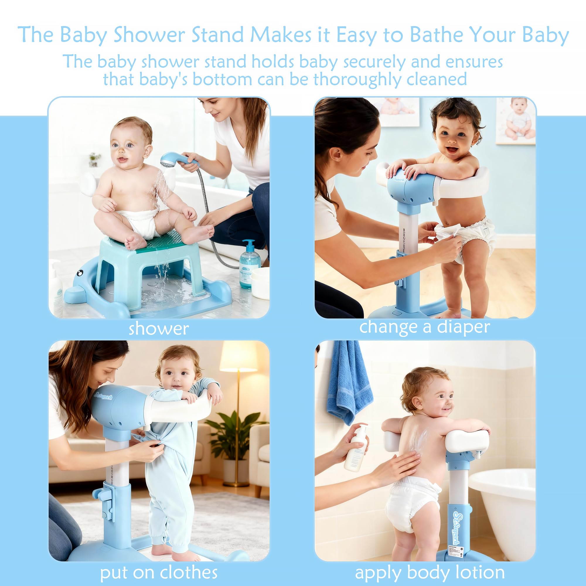 SteelSuperb baby bath stand built-in shower head holder frees your hands during washing.