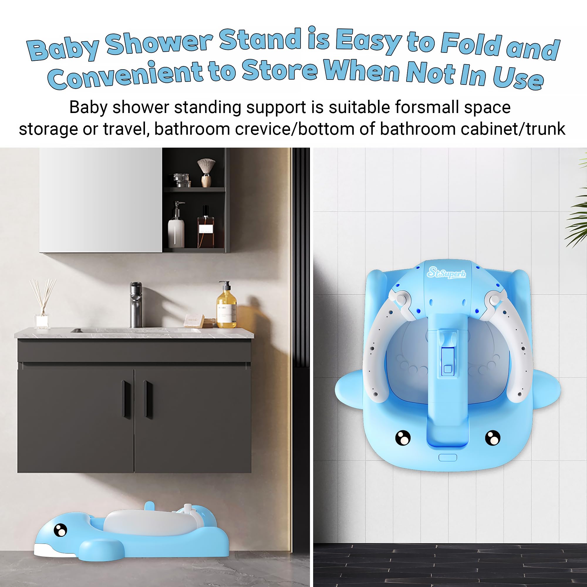 SteelSuperb baby bath stand drainage holes prevent water pooling for easier cleanup.