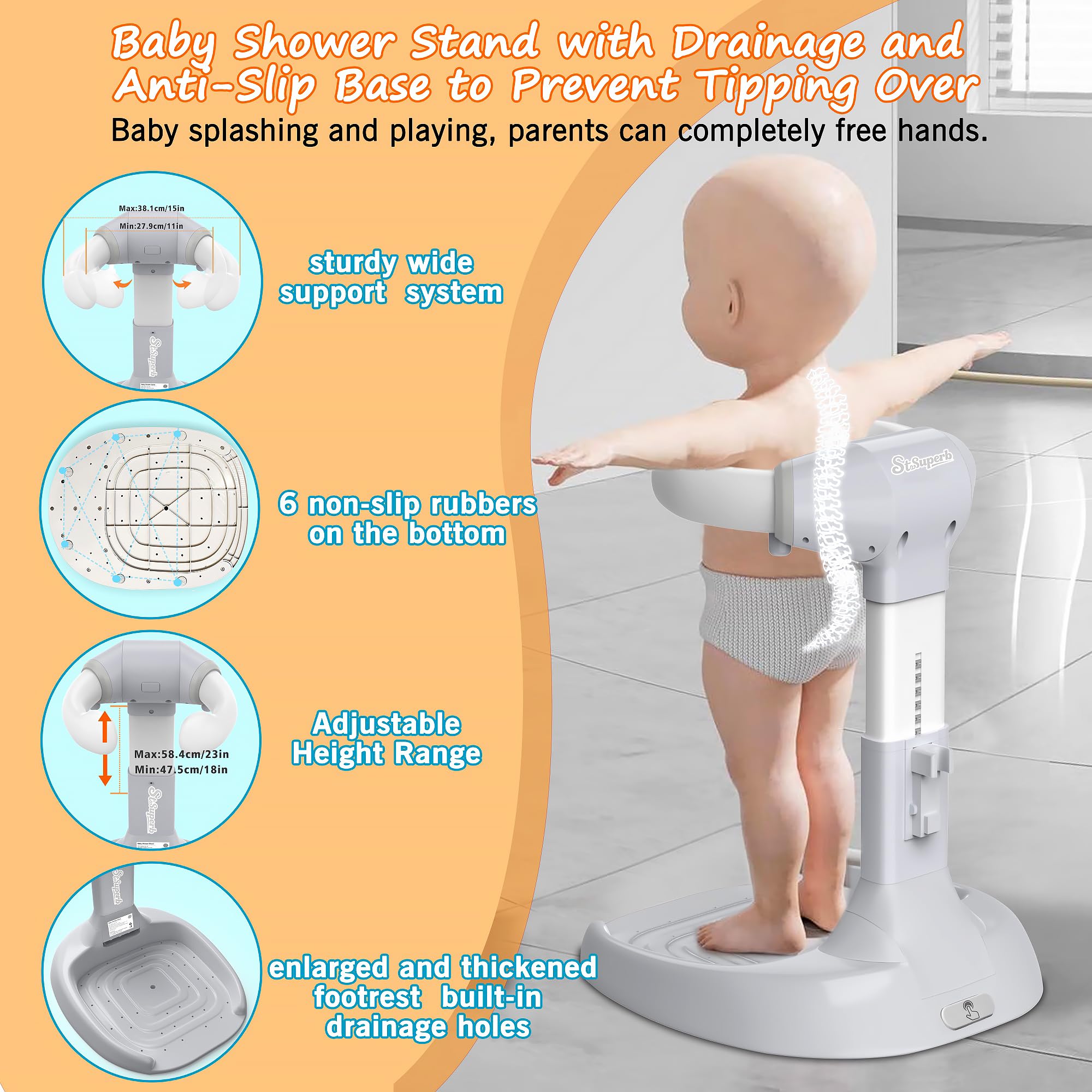 SteelSuperb built-in shower head holder frees hands during bath time.