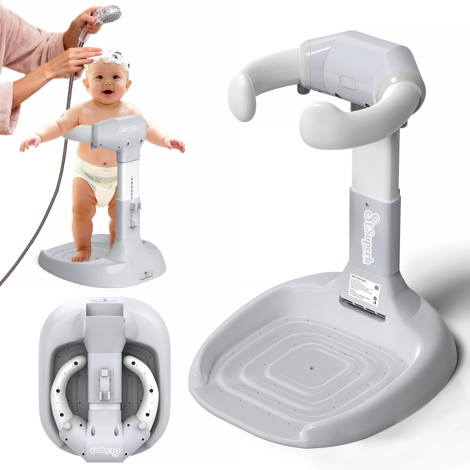 SteelSuperb foldable baby shower stand offers compact storage for small bathrooms.