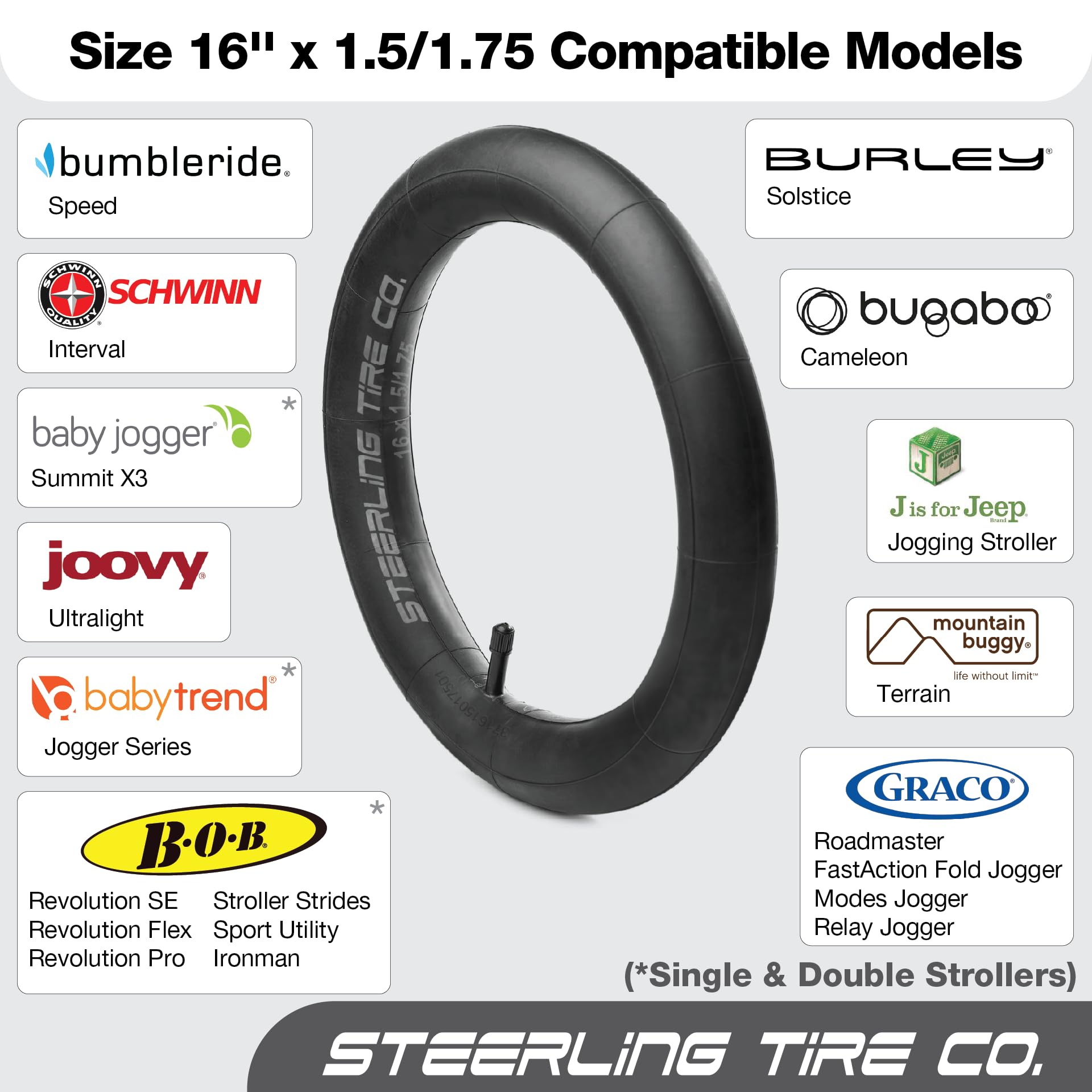 Steerling Tire Co. 16in inner tube for Bob Revolution Pro handles mixed terrains with stability.