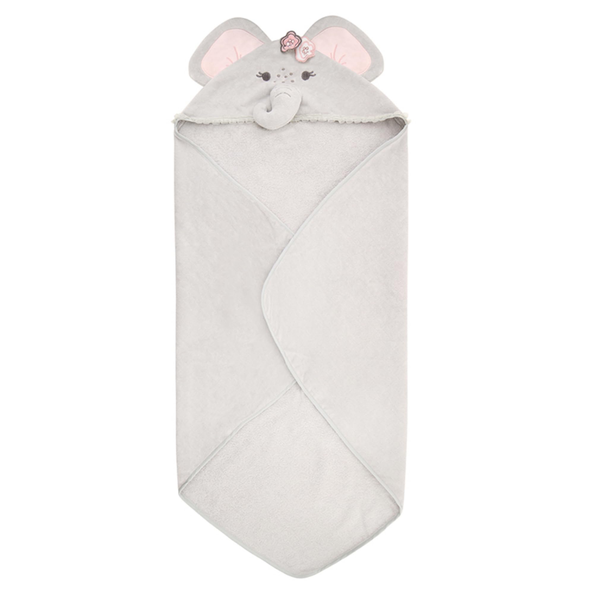 Stephan Baby hooded towel with elephant pink design dries baby gently after bath.