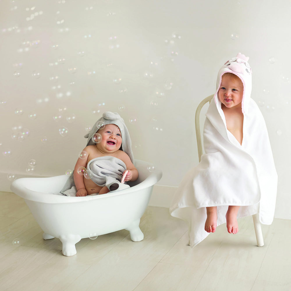 Stephan Baby hooded towel with floral accents adds spring charm after baths.