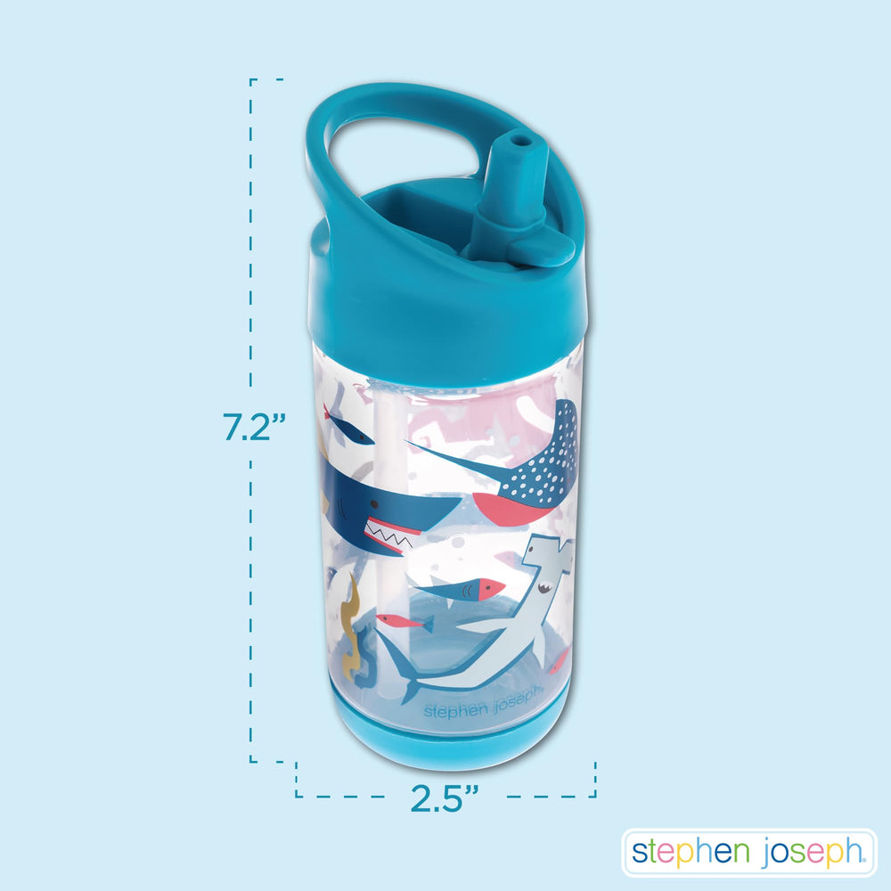 Bottle tucked in a backpack pocket with Dino design by Stephen Joseph