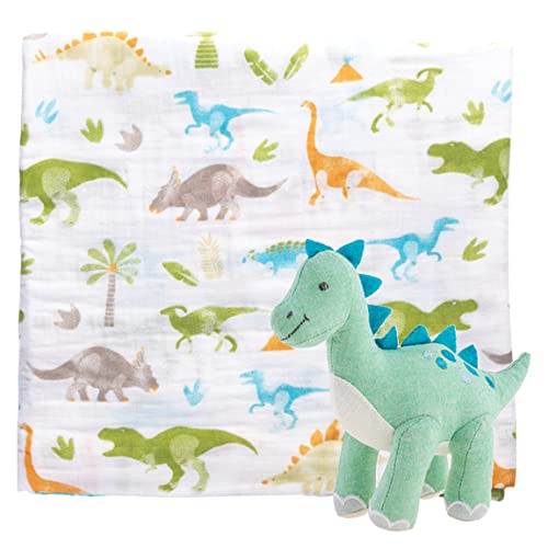 Stephen Joseph Dino Green muslin blanket shown with gentle swaddling and on-the-go comfort.