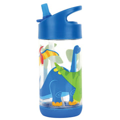 Stephen Joseph kid holding easy-grip flip-top bottle with Dino pattern