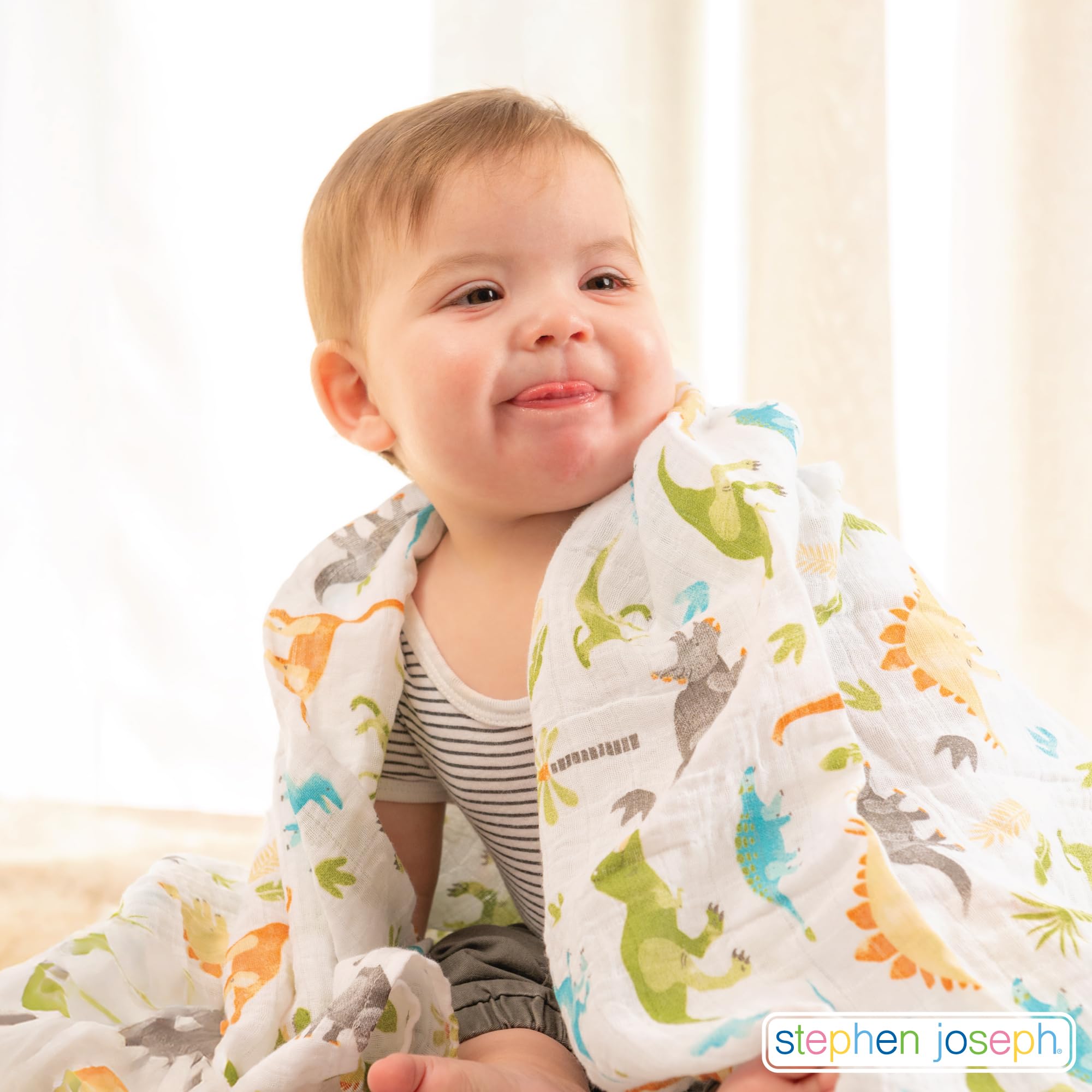 Stephen Joseph cotton muslin blanket is machine washable for busy parents