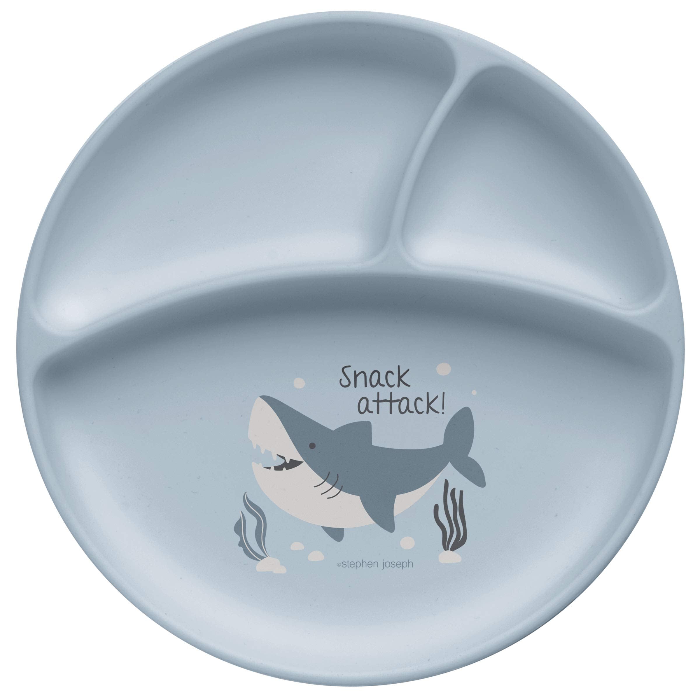 Stephen Joseph silicone baby plate shark close-up shows suction cup for stability.