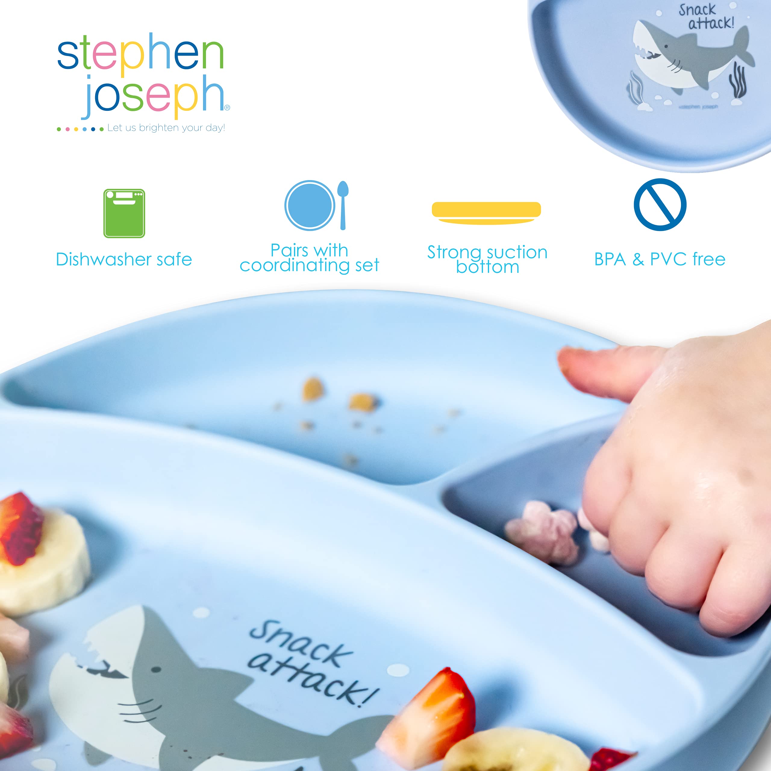 Stephen Joseph silicone baby plate shark features durable silicone for daily use.