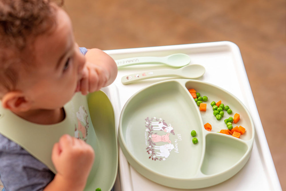 Stephen Joseph silicone baby plate shark with suction base stays in place during meals.