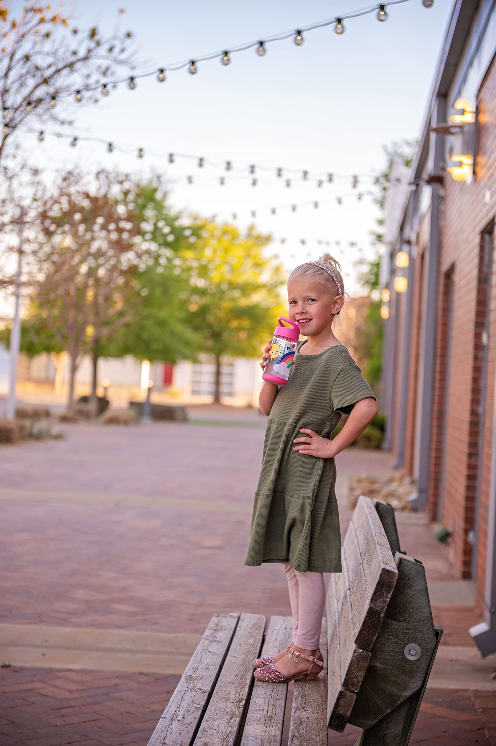 Stephen Joseph Sip and Snack Rainbow flip-top lid keeps straw clean and leak-free.