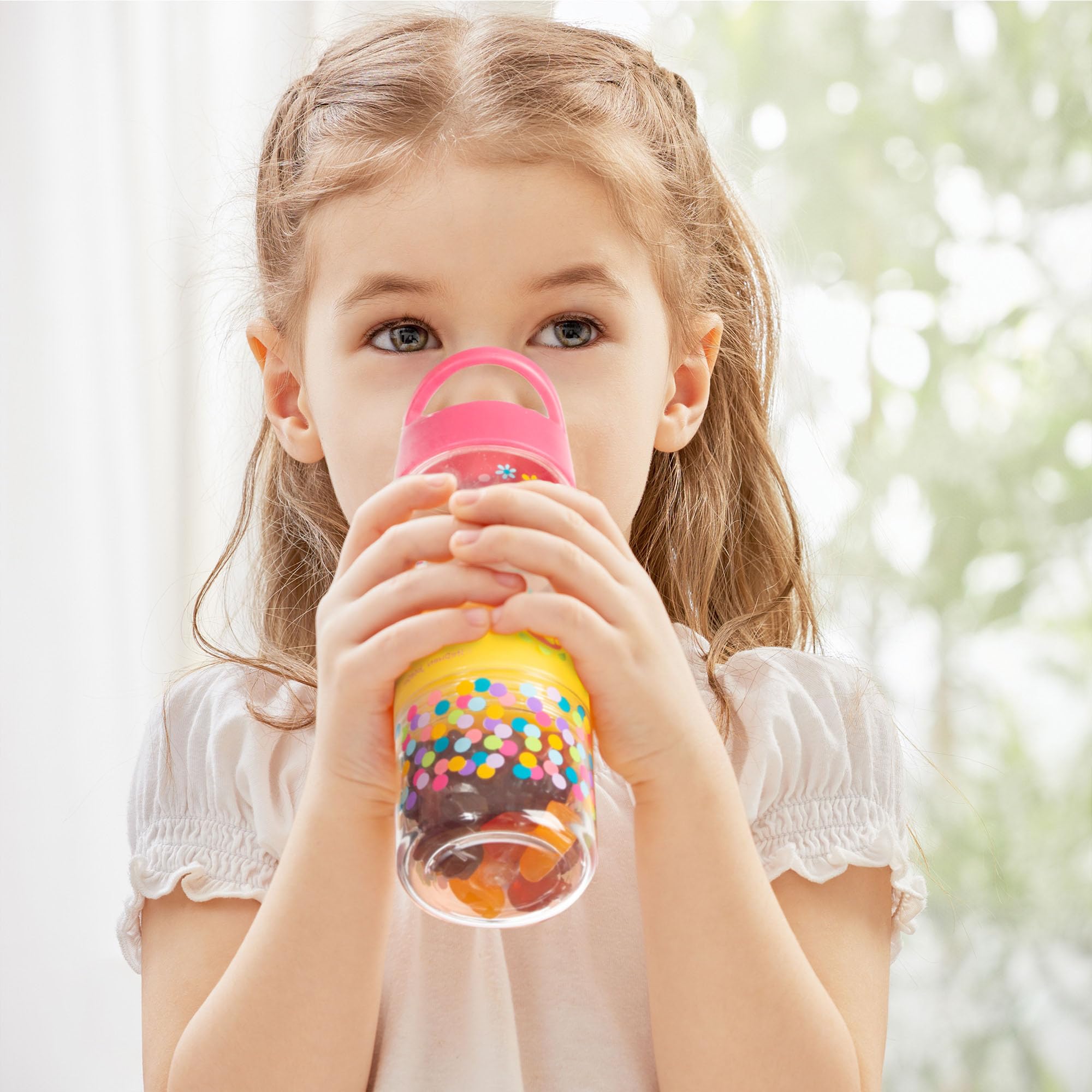 Stephen Joseph Sip and Snack Rainbow bottle includes two reusable straws.