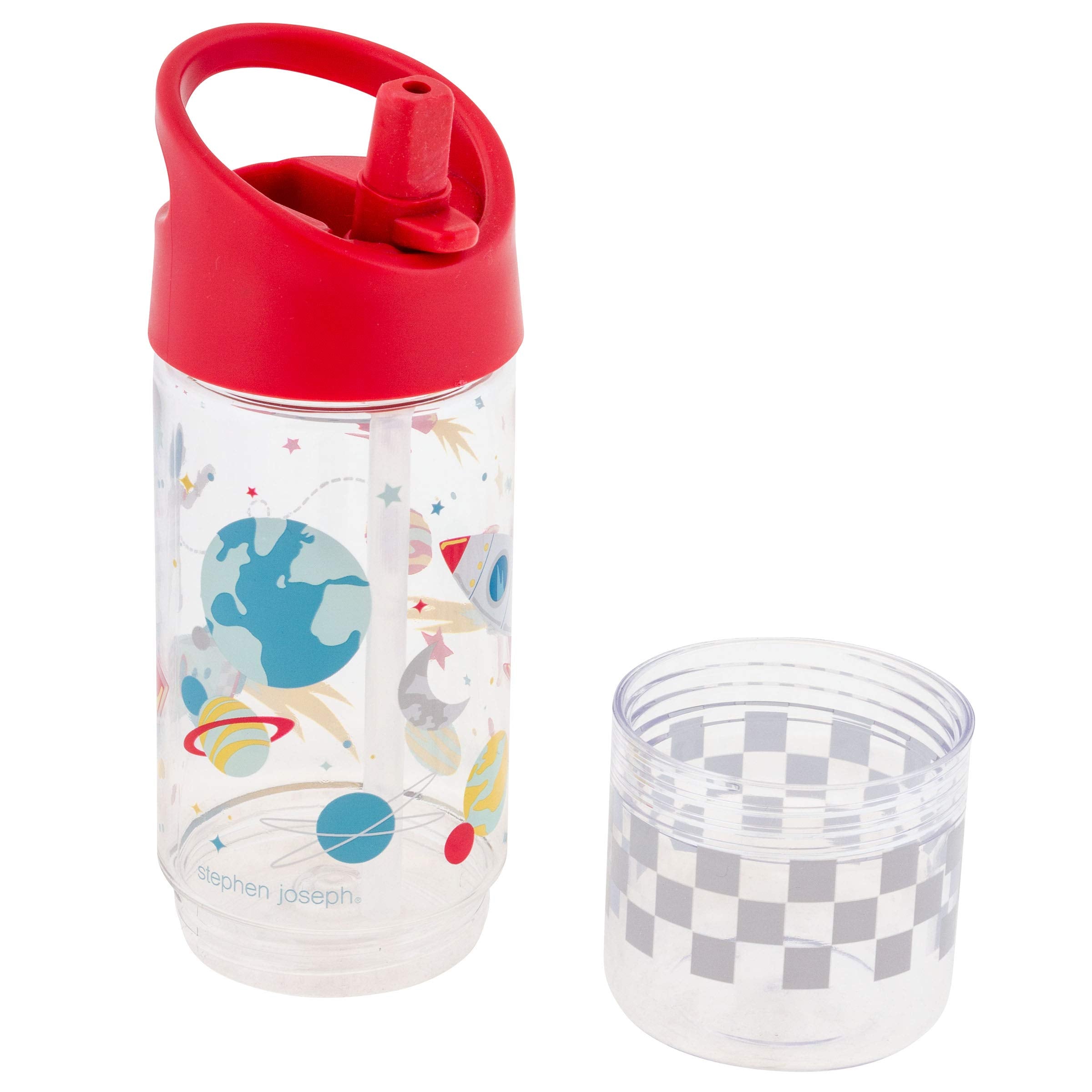 Stephen Joseph Space bottle with flip-down spout, easy one-handed use.