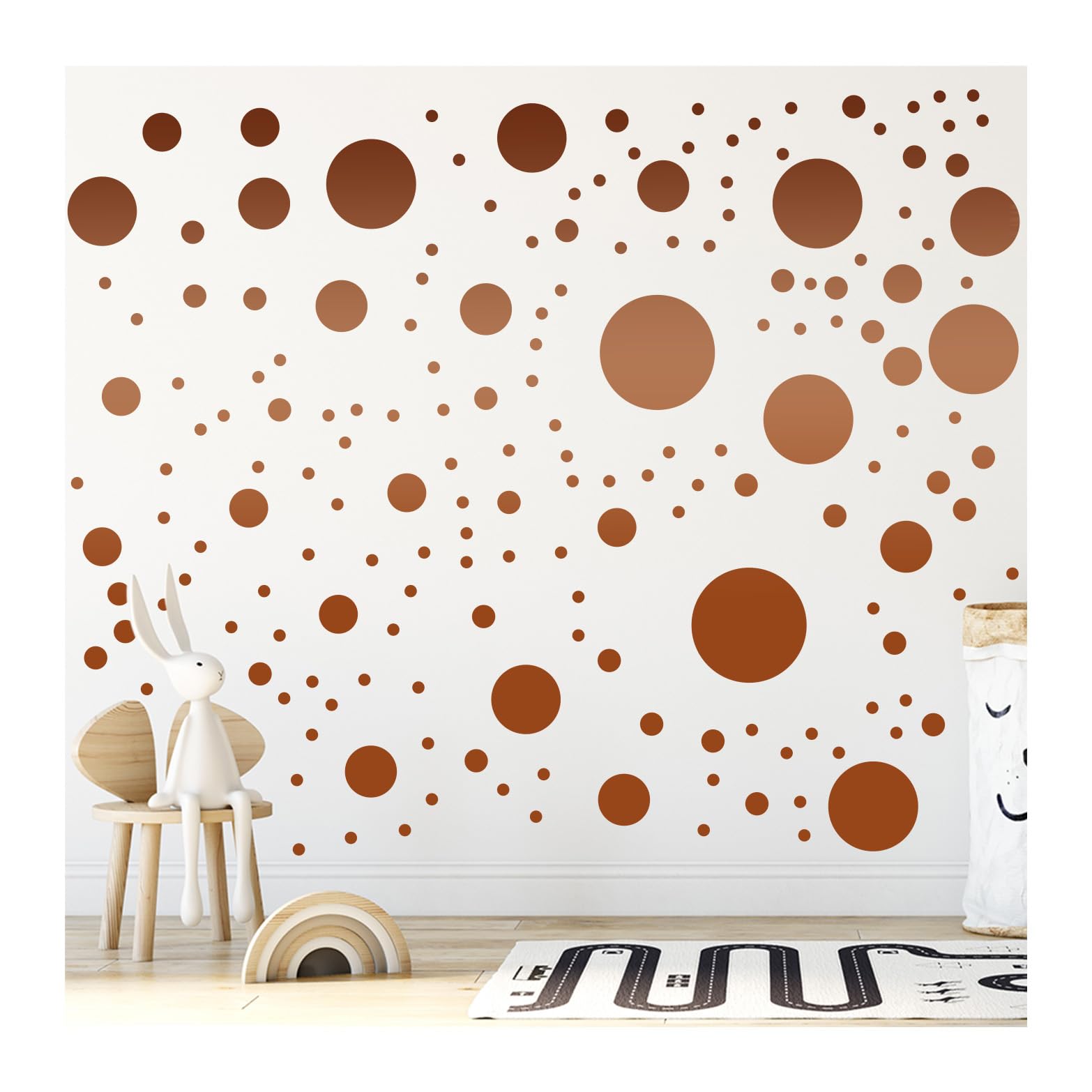 StickerDeen copper metallic polka-dot circles wall sticker set for kids' room decor.