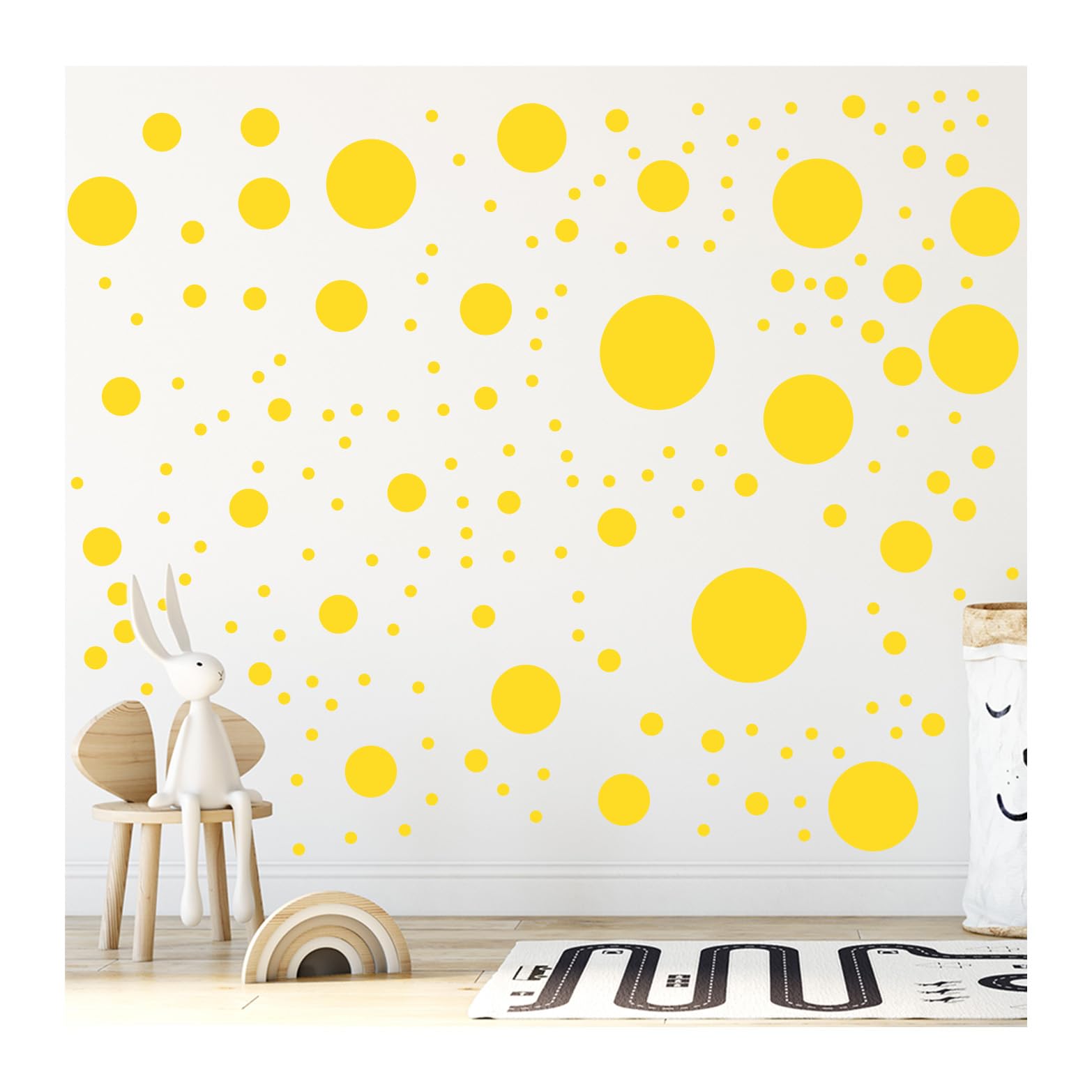 StickerDeen yellow polka dot circle wall stickers on eight sheets for quick, removable decor.