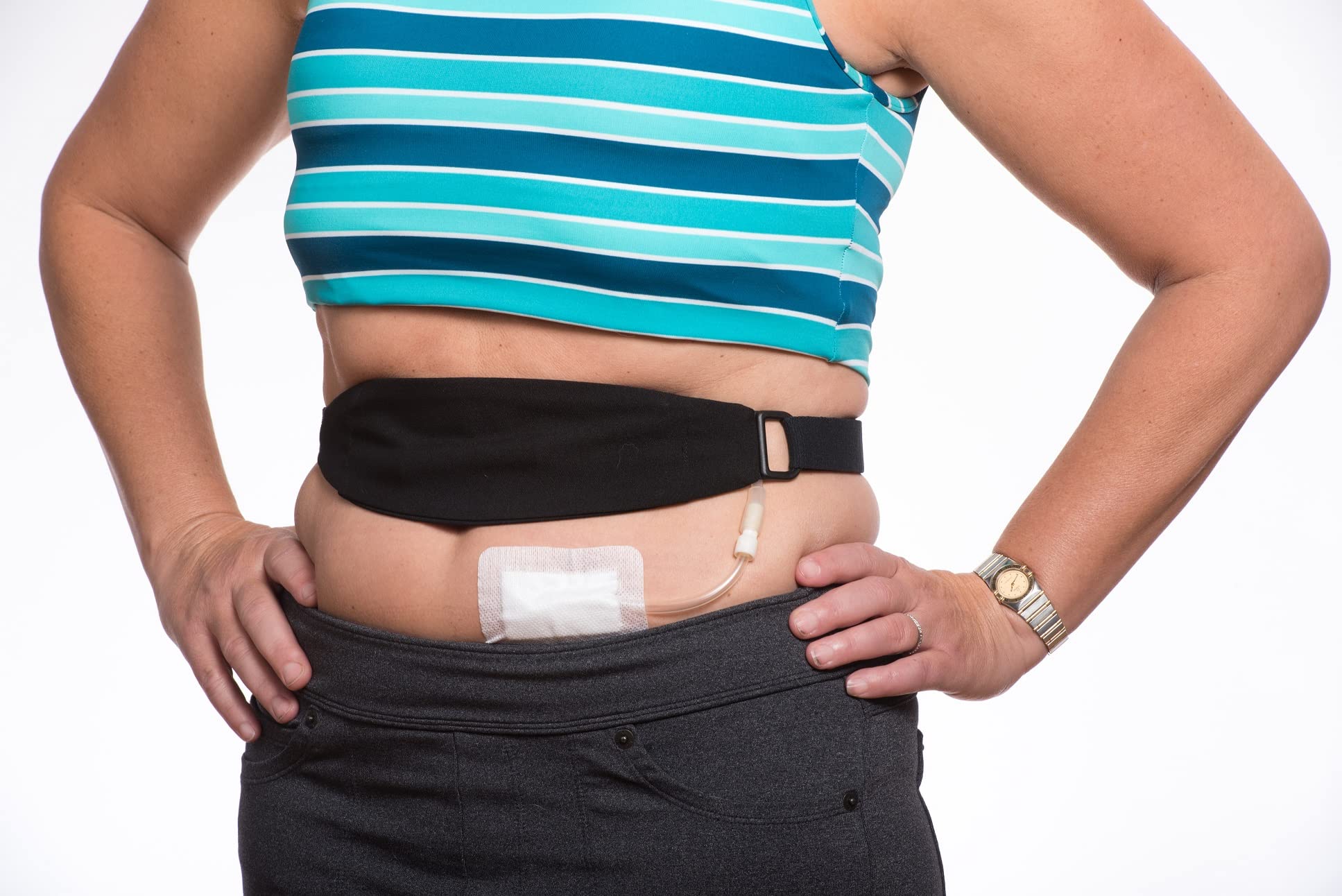 Stickman Dialysis belt worn at the waist demonstrates comfortable fit and tubing accessibility