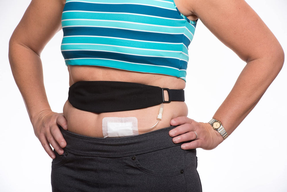 Stickman Dialysis belt worn at the waist demonstrates comfortable fit and tubing accessibility
