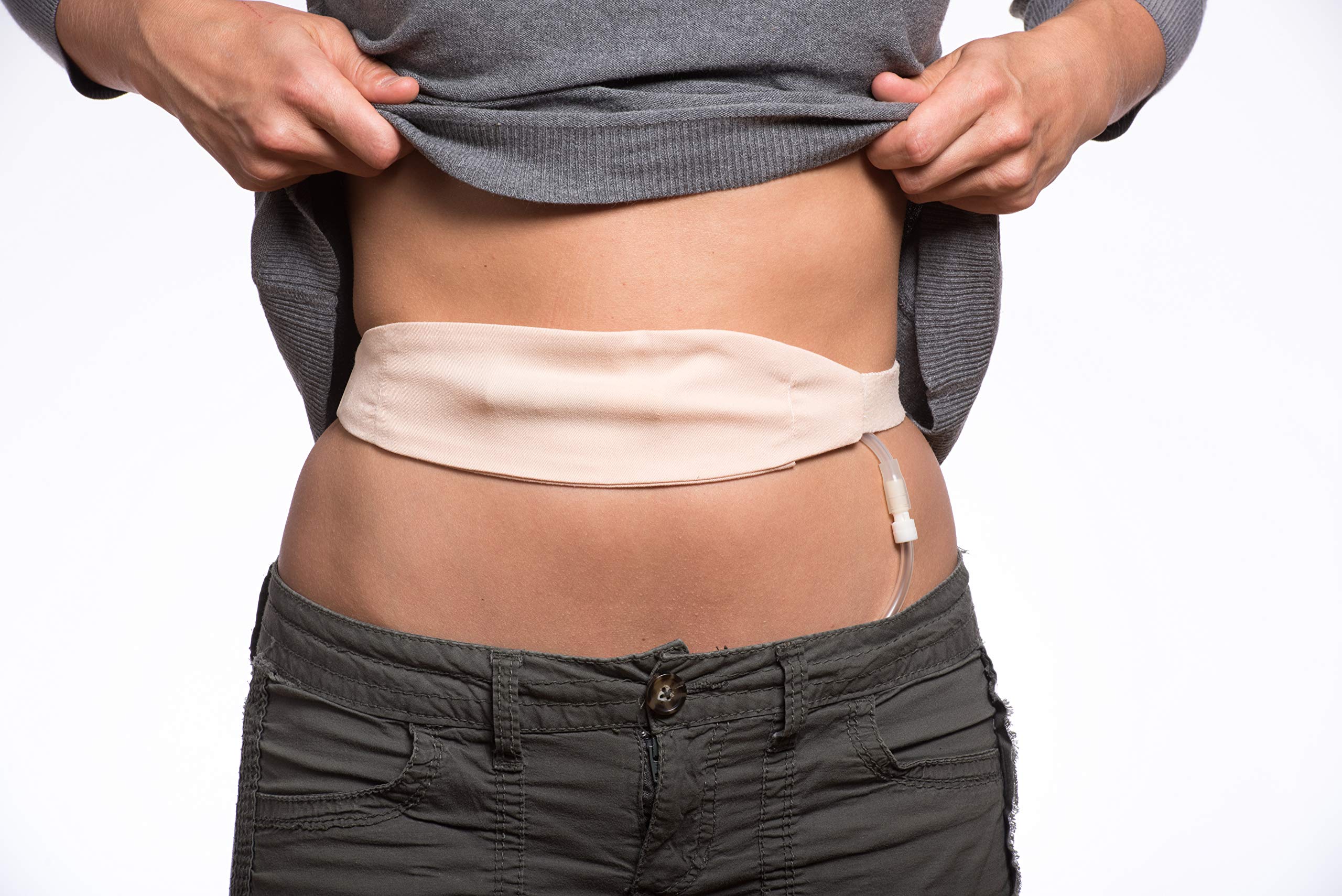 Stickman Dialysis tuck-away PD belt closeup showing secure catheter protection.