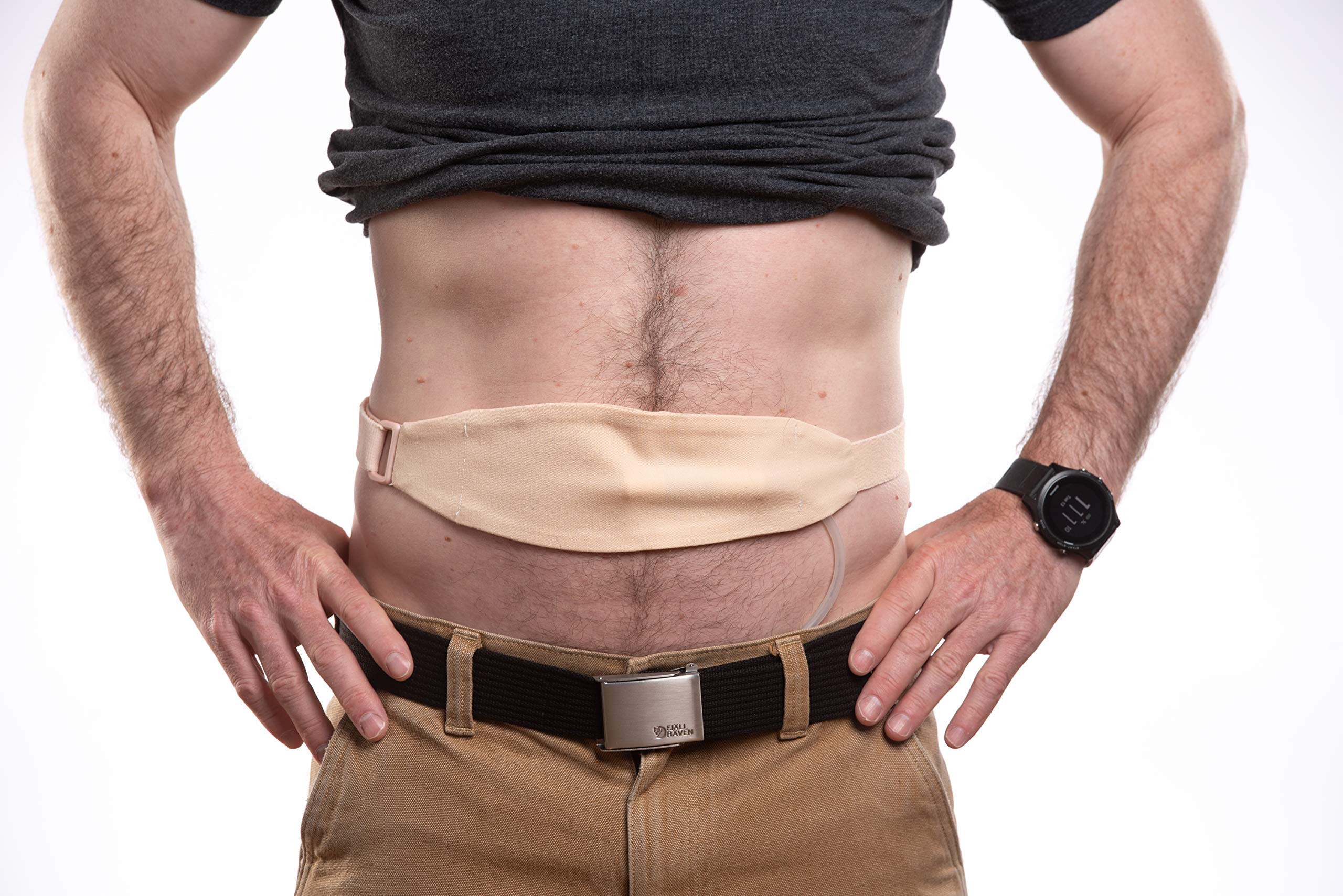 Stickman Dialysis tuck-away PD belt with adjustable D-ring fastener.