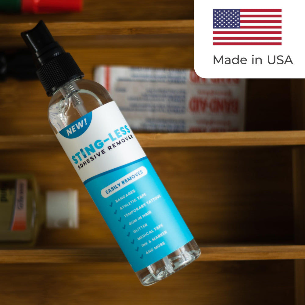 Sting-Less adhesive remover packaging, USA-made and eco-friendly.