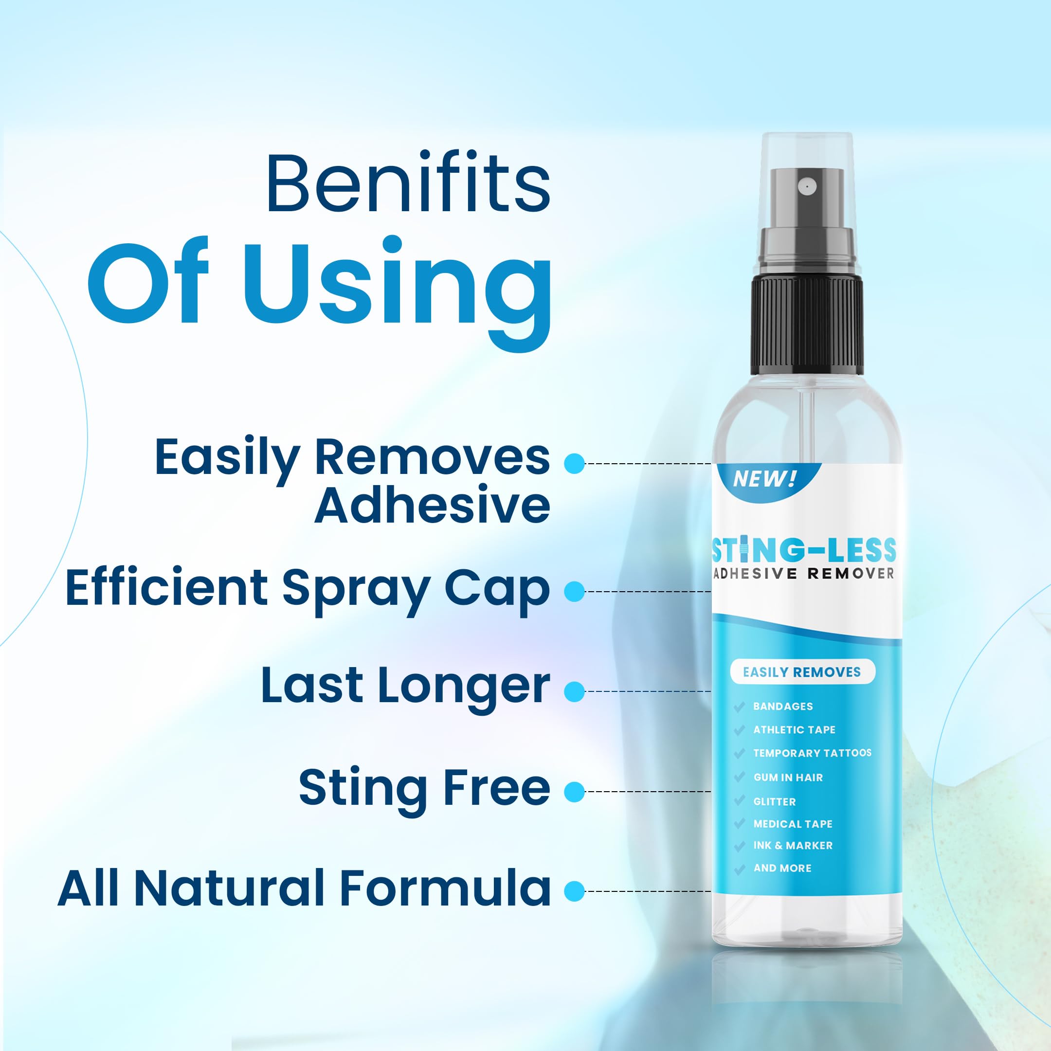 Sting-Less Adhesive Remover for ink and marker, clean removal without residue.