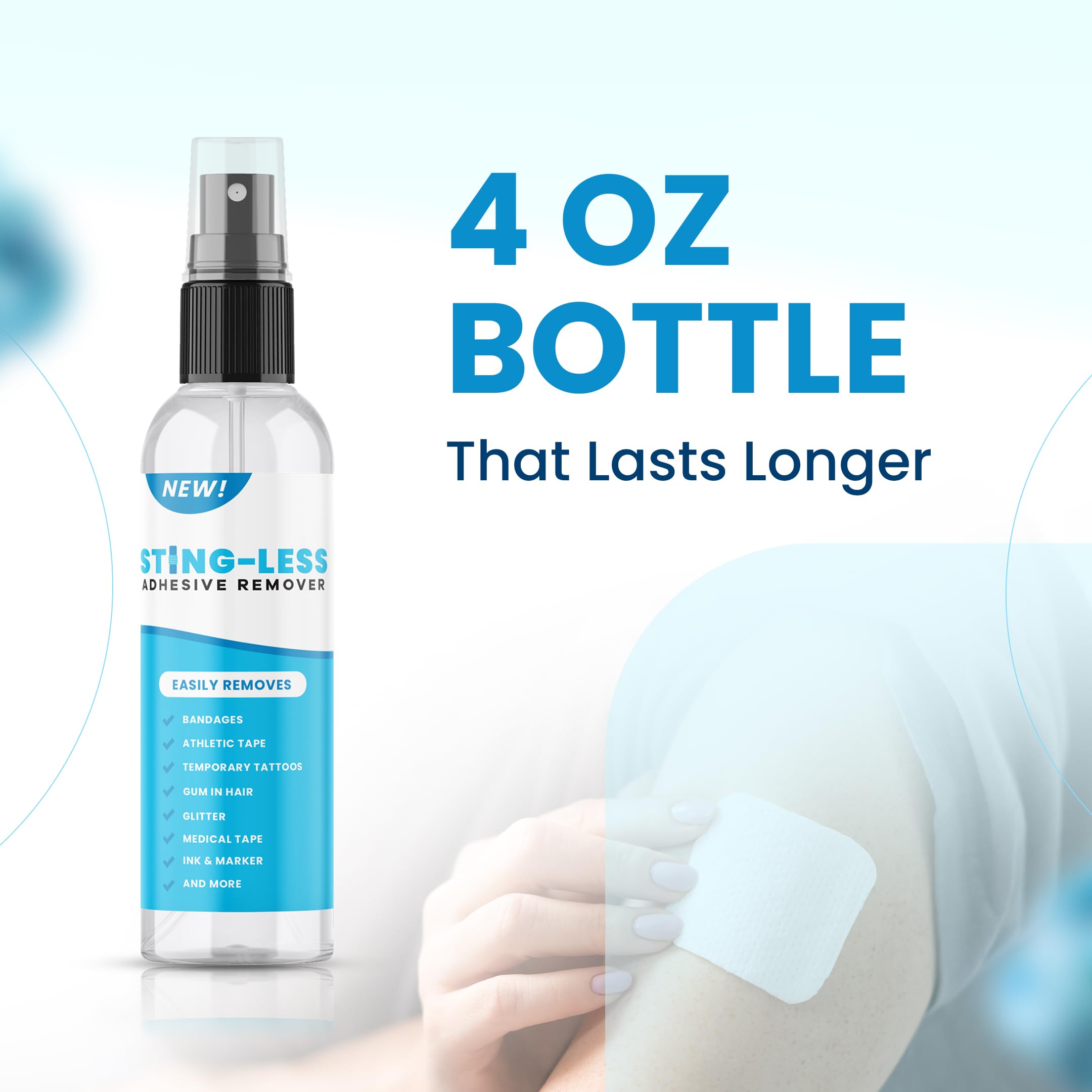Sting-Less Adhesive Remover for surfaces, easy adhesive residue removal.