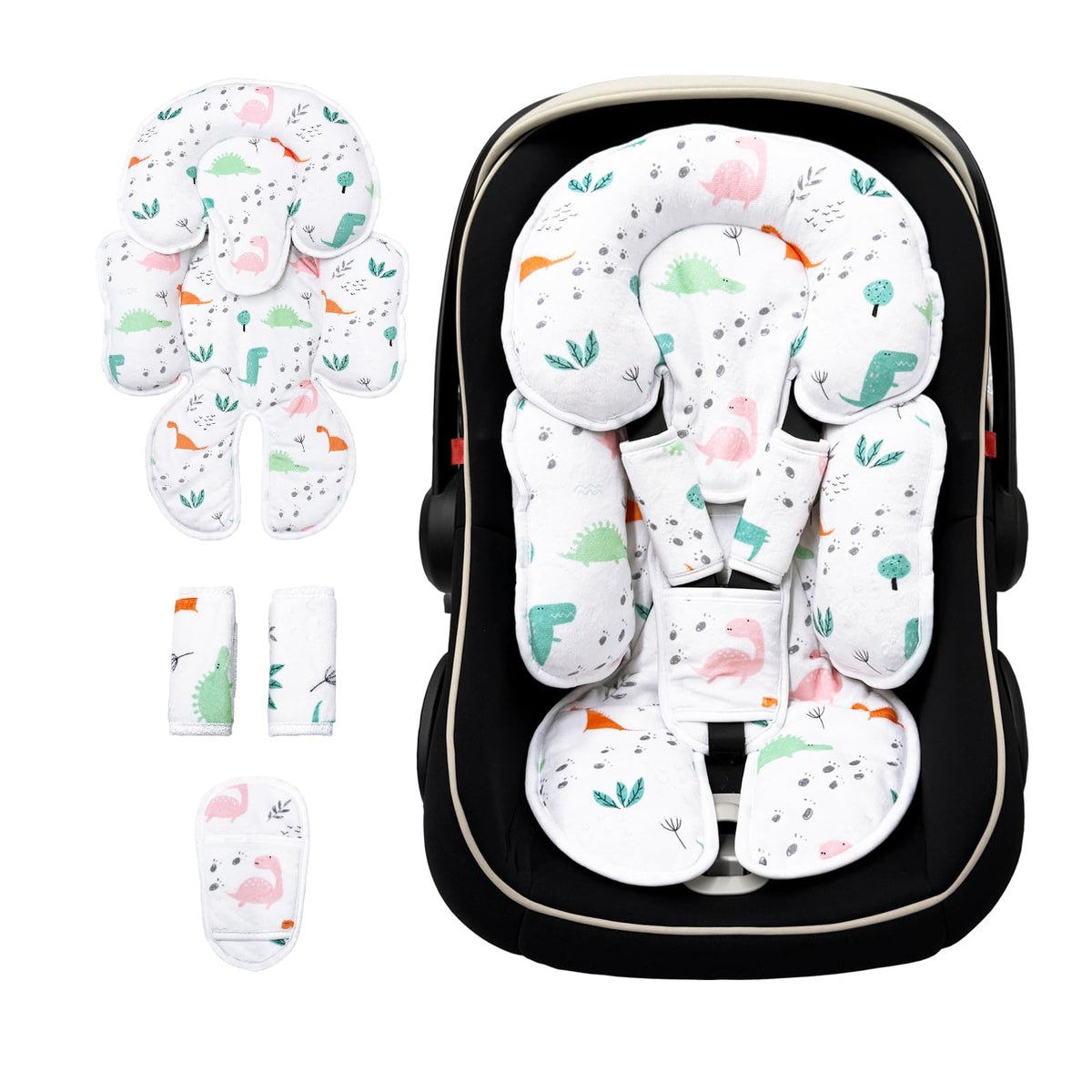 StoHua infant car seat insert with dinosaur illustration providing gentle support for long trips