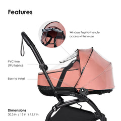 Stokke BABYZEN YOYO rain cover neatly stored in the basket when sun returns.