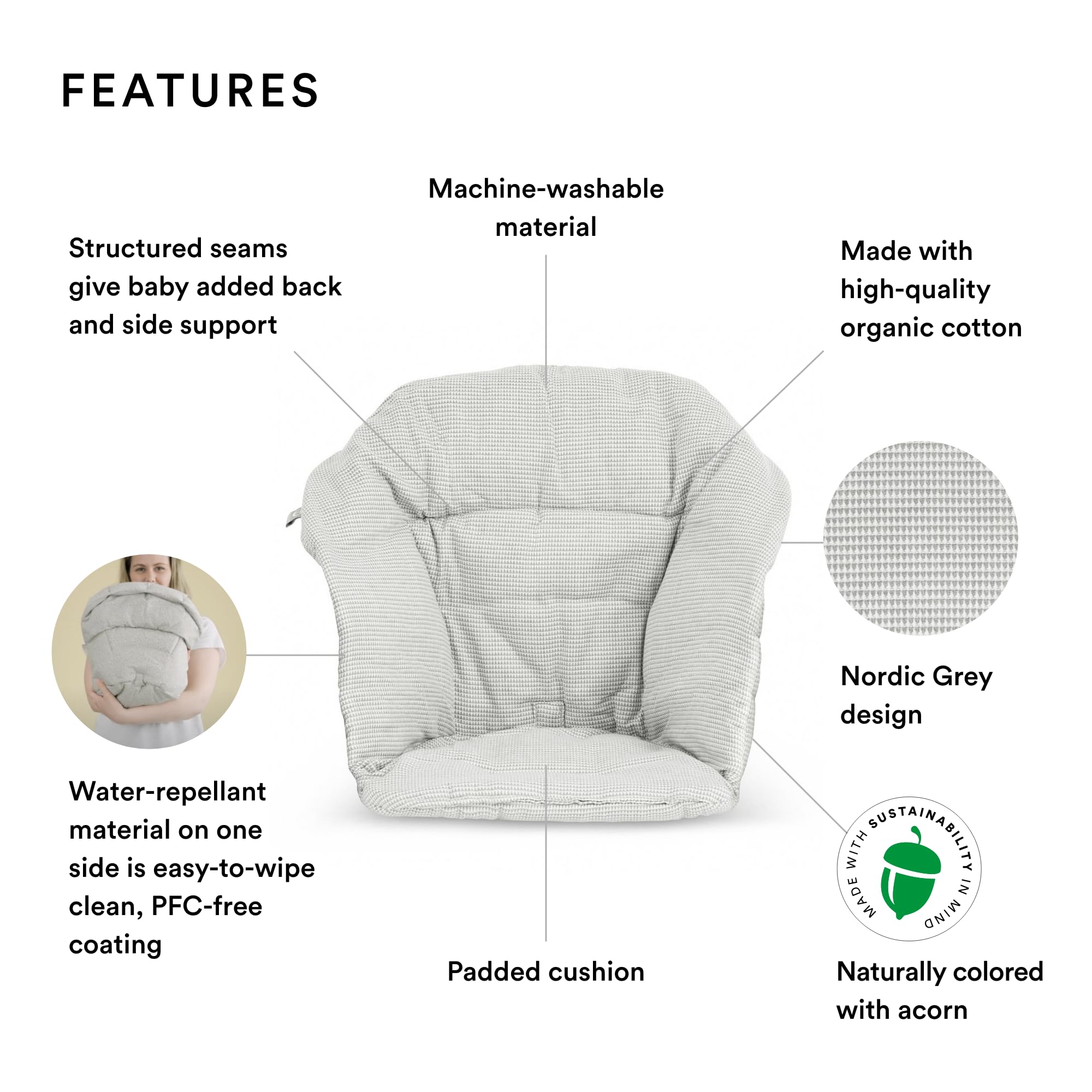 Stokke Clikk Cushion Nordic Grey back view highlighting reversible padding options