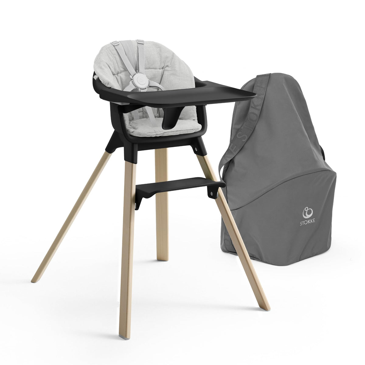 Stokke Clikk high chair in black and natural for durable, mess-friendly family meals.