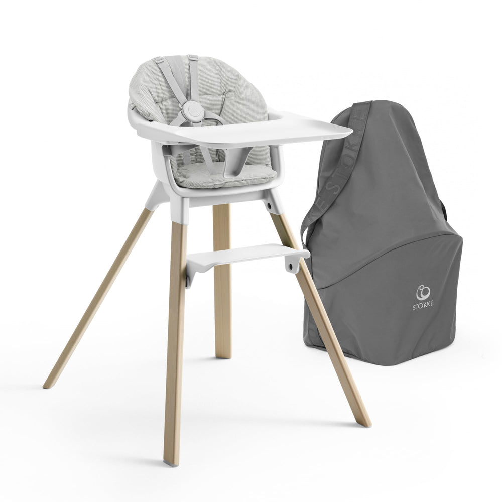 Stokke Clikk High Chair with white finish and tray for easy feeding setup.