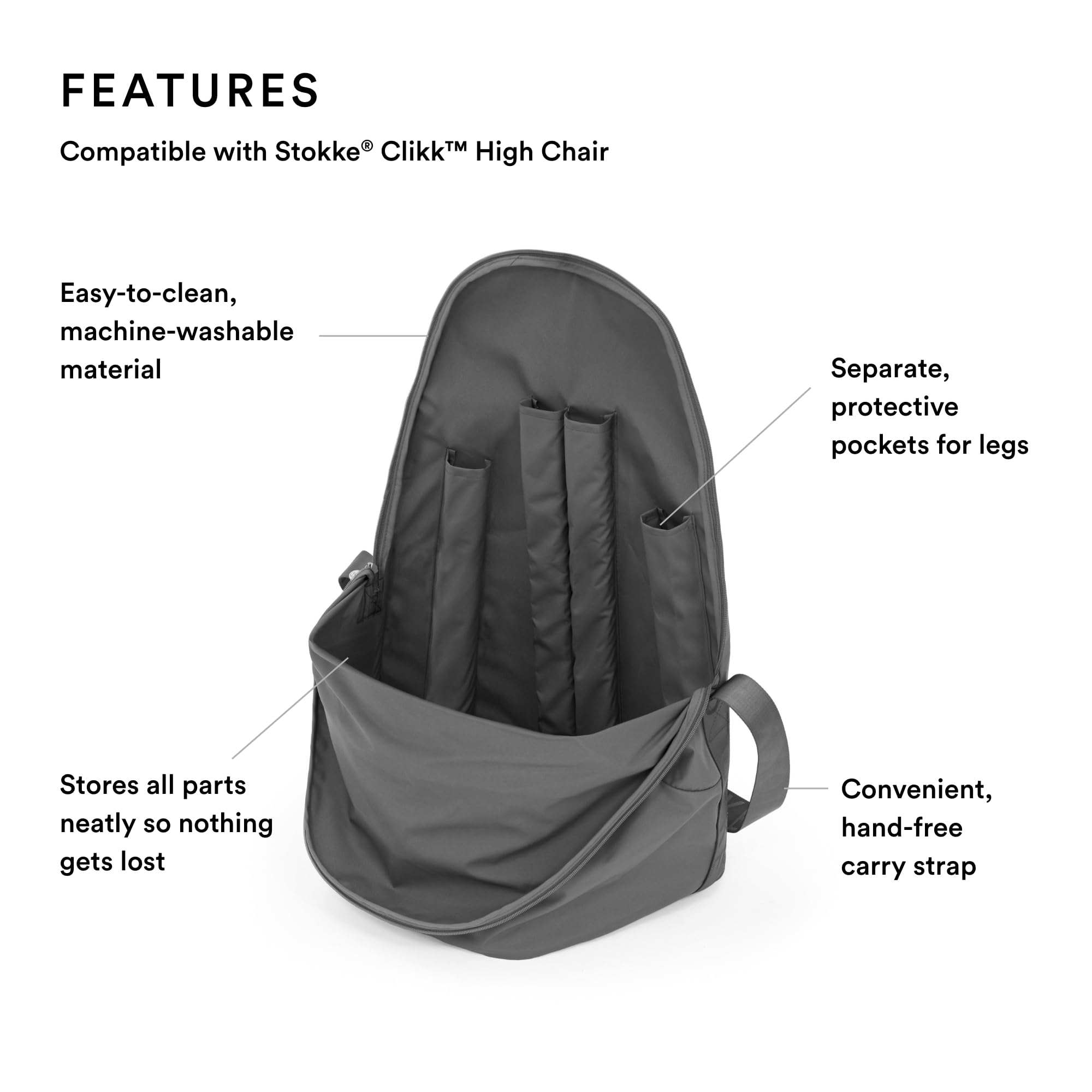 Stokke Clikk Travel Bag Grey interior layout showing organized compartments