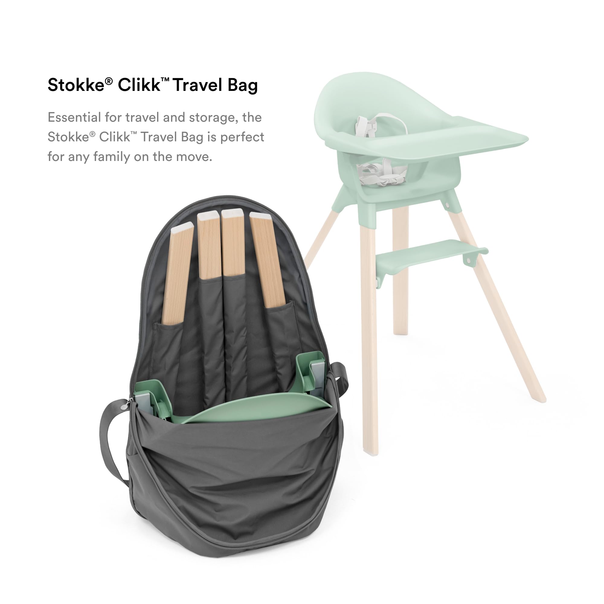 Stokke Clikk Travel Bag Grey leg pocket keeps parts secure