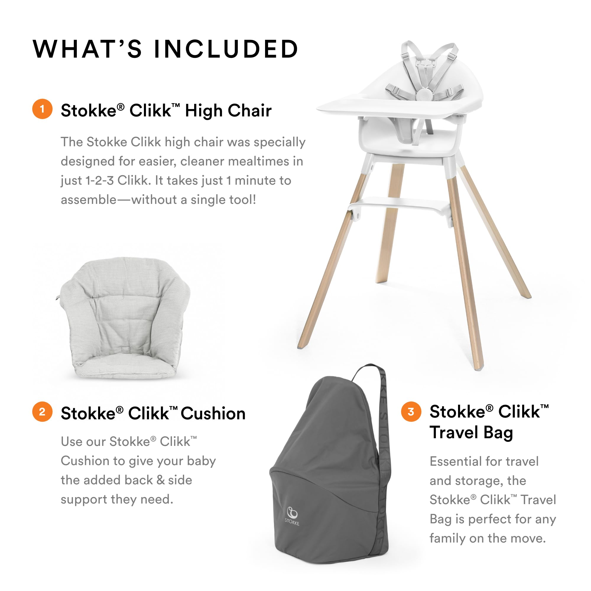 Stokke travel bag with hands-free handle for organizing Clikk parts.